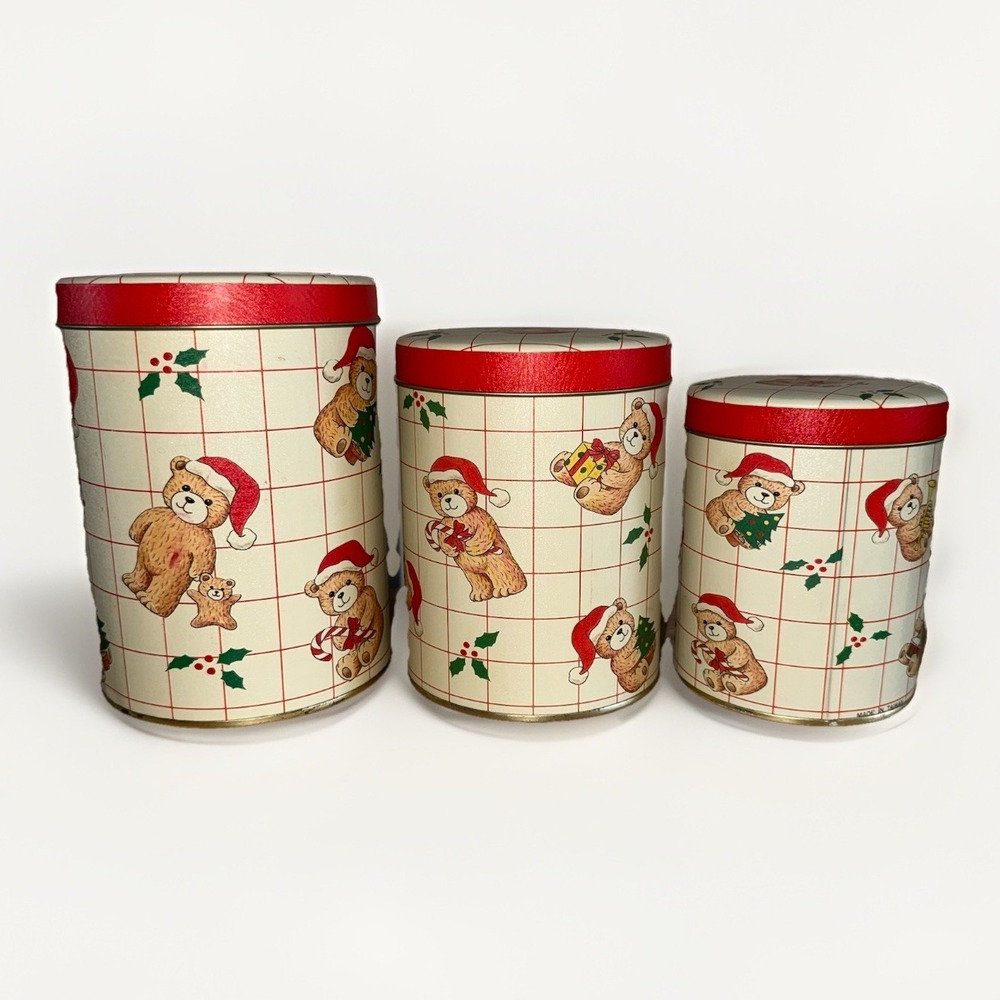 Vintage Christmas Teddy Bear Nesting Tins Set 3 Made in Taiwan Holiday Canisters